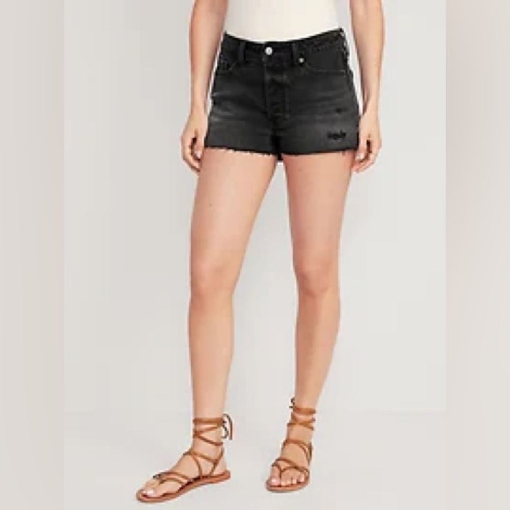High-Waisted OG Straight Super-Short Button-Fly Black Distressed Jean Shorts